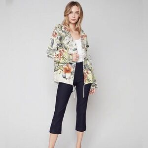 Charlie B Size L 100% Linen Floral Bloom Jacket Hooded Hawaiian Multicolour